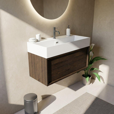 Saniclass Holz Frame Ensemble meuble de salle de bains - 100x45x52cm - Legend lavabo en céramique blanc - 1 vasque - 1 trou de robinetterie - 1 tiroir - chêne charcoal mat (bois)