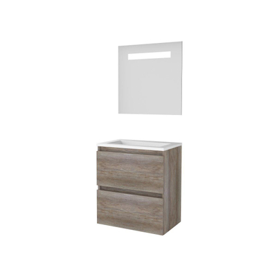 Basic-Line Economic 39 ensemble de meubles de salle de bain 60x39cm sans poignée 2 tiroirs lavabo acrylique 0 trous de robinetterie miroir éclairage led intégré mfc scotch oak