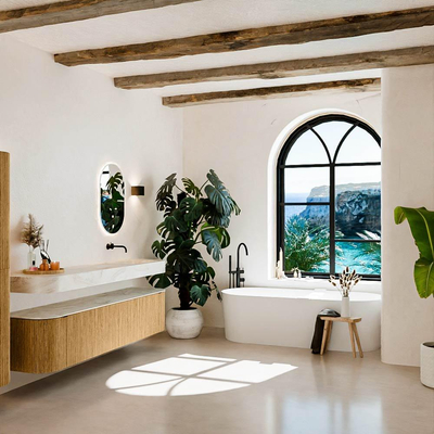 MONDIAZ THOR-DLUX 200cm badmeubel ronding links + rechts kleur Oak met 2 lades en 2 deuren. Vrijhangende wastafel CLOUD Rechts zonder kraangat kleur Ostra.