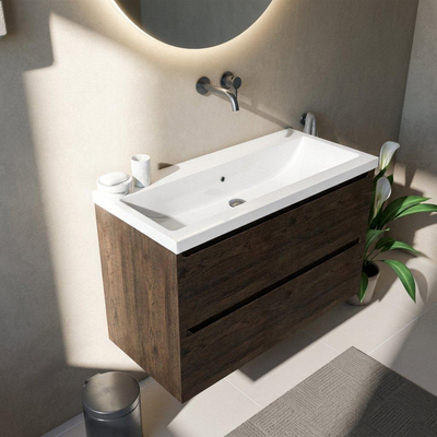 Saniclass Holz Pure Ensemble meuble de salle de bains - 100x45x63.5cm - lavabo Bari en céramique blanc - 1 vasque - sans trou de robinet - 2 tiroirs - chêne charcoal mat (bois)