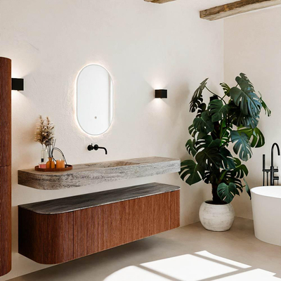 MONDIAZ THOR-DLUX Meuble de salle de bains 170cm arrondi gauche + droite couleur Ruby avec 1 tiroir et 2 portes. Vasque suspendue CLOUD Milieu sans trou de robinet couleur Oza.