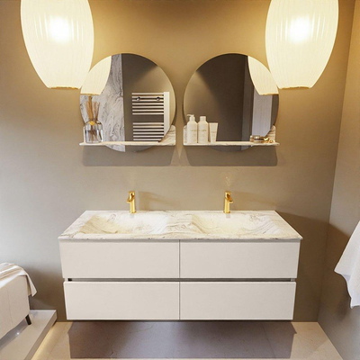 Mondiaz VICA-DLUX ensemble de meuble de salle de bain - 130cm - meuble sous-vasque lin - 4 tiroirs - lavabo encastrée nuage double - 2 trous de robinet - version haute de 60cm - glace