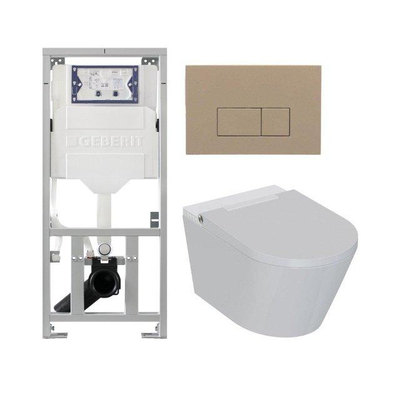 QeramiQ Luma Douche WC Set - Geberit UP320 inbouwreservoir - met Burda frame - fohn - ladydouche - bedieningsplaat taupe- rechthoekige knoppen - glans wit