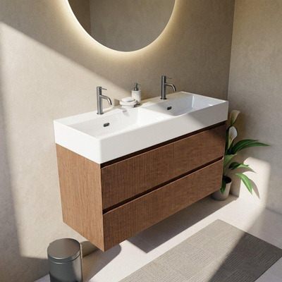 Saniclass Holz Atelier Ensemble meuble de salle de bains - 120x45x72cm - Lavabo Legend en céramique blanc - 2 vasques - 2 trous de robinetterie - 2 tiroirs - walnut pure mat (bois)
