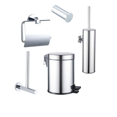 Fortifura Calvi Toiletaccessoireset 5-delig - toiletrolhouder - reserverolhouder - toiletborstelhouder - handdoekhaak - pedaalemmer - hoogglans chroom