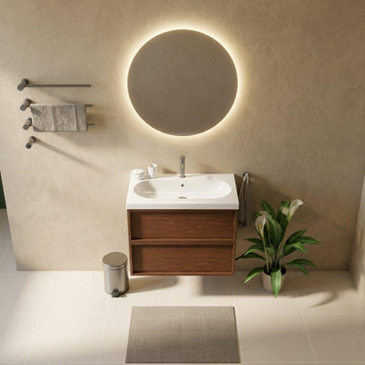 Saniclass Holz Frame Ensemble de meubles de salle de bains - 80x45x63.5cm - Vasque en céramique Palermo blanche - 1 vasque - 1 trou de robinetterie - 2 tiroirs - walnut pure mat (bois)