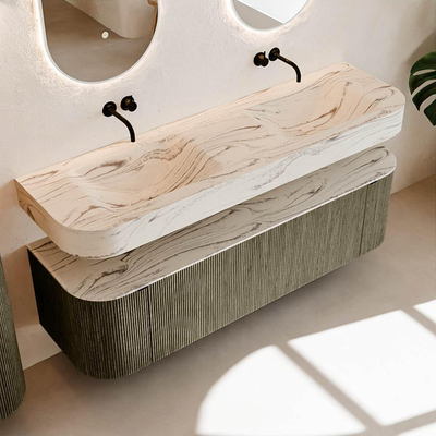 MONDIAZ THOR-DLUX Meuble de salle de bains 160cm arrondi gauche + droite couleur Shadow avec 1 tiroir et 2 portes. Vasque suspendue CLOUD Double sans trou de robinet couleur Nata.