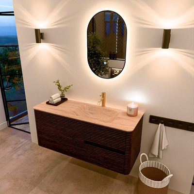 Mondiaz CIRO-DLUX Badkamermeubelset - 120x45x50cm - Solid surface wastafel Saba - 1 wasbak Rechts - 1 kraangat - 2 lades - Walnut