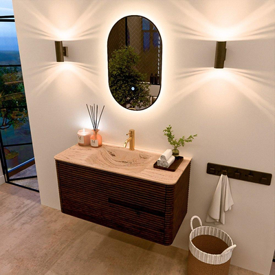 Mondiaz CIRO-DLUX Meuble de salle de bains - 100x45x50cm - Plan vasque solid surface Arena - 1 vasque centrale - 1 trou de robinet - 2 tiroirs - Noyer