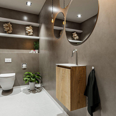 MONDIAZ TURE Kit lave-mains - 40x23x50cm - 1 trou de robinet - 1 porte - chêne blanchi mat - Lavabo à gauche - Solid Surface Blanc