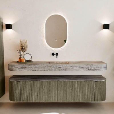 MONDIAZ THOR-DLUX Meuble de salle de bains - 190cm - arrondi gauche + droite - couleur Shadow - 2 tiroirs - 2 portes - Vasque suspendue CLOUD Milieu sans trou de robinet couleur Oza