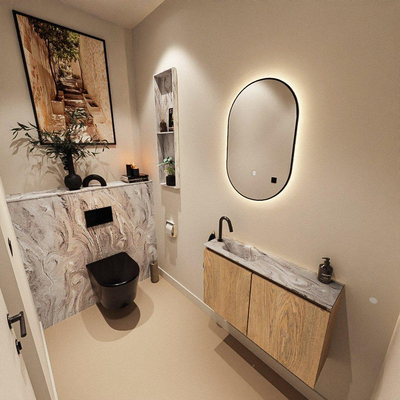MONDIAZ TURE-DLUX Meuble de toilettes 80 cm Washed Oak. Lavabo EDEN Glace position gauche. Avec 1 trou de robinet.