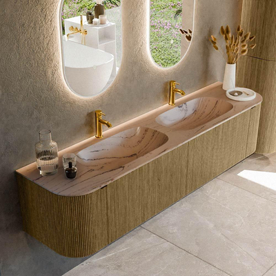 MONDIAZ KURVE-DLUX Meuble de salle de bains 190cm arrondi gauche + droite couleur Dusk avec 2 tiroirs et 2 portes. Lavabo STOR SMALL Double 2 trous de robinet Arena.