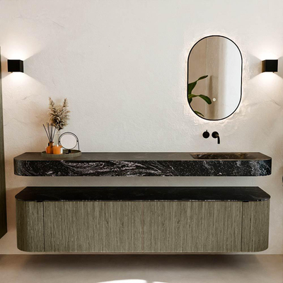 MONDIAZ THOR-DLUX 200cm meuble de salle de bains arrondi gauche + droite couleur Shadow avec 2 tiroirs et 2 portes. Vasque suspendue CLOUD droite sans trou de robinet couleur Lava.