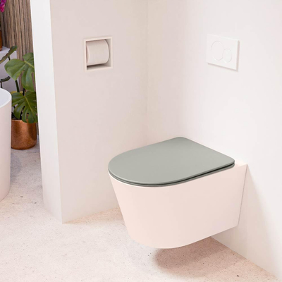 Mondiaz LAVIE hangtoilet – spoelrandloos – 36 x 53 cm – met softclose zitting – Rosee (roze), zitting Smoke (lichtbruin)