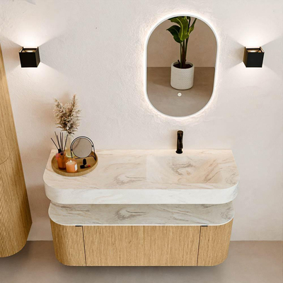 MONDIAZ THOR-DLUX 130cm badmeubel ronding links + rechts kleur Oak met 1 lade en 2 deuren. Vrijhangende wastafel CLOUD Rechts 1 kraangat kleur Ostra.