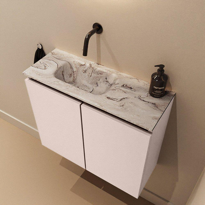 MONDIAZ TURE-DLUX Meuble toilette - 60cm - Rosee - EDEN - vasque Glace - position gauche - sans trou de robinet