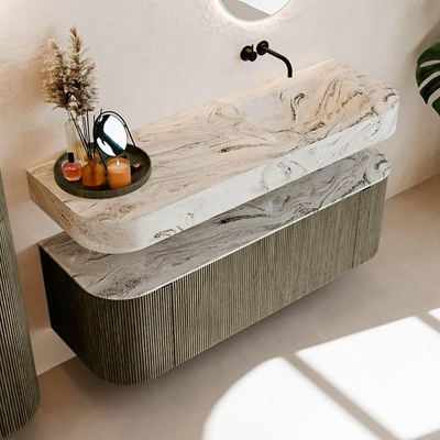 MONDIAZ THOR-DLUX 140cm meuble de salle de bains arrondi gauche + droite couleur Shadow avec 1 tiroir et 2 portes. Vasque suspendue CLOUD Droite sans trou de robinet couleur Glace.