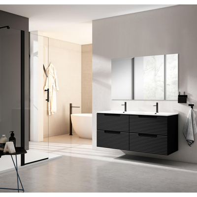 Adema Prime Balance Ensemble de meuble - 120x55x45cm - 2 vasques rectangulaires en céramique Blanc - 2 trous de robinet - 4 tiroirs - avec miroir rectangulaire - Noir mat