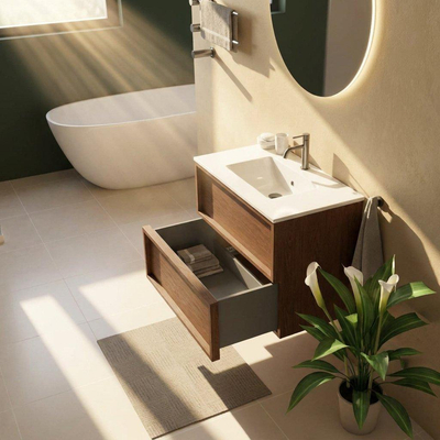 Saniclass Holz Frame Ensemble meuble de salle de bains - 80x45x62cm - lavabo Vygo en céramique blanc - 1 vasque - 1 trou de robinetterie - 2 tiroirs - noyer pur mat (bois)