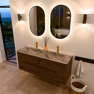 Mondiaz CIRO-DLUX Badkamermeubelset - 130x45x50cm - Solid surface wastafel Sombra - 2 wasbak Dubbel - 2 kraangaten - 4 lades - Dusk