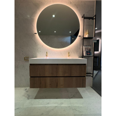 Proline polystone Loft wastafel met 2 kraangaten en onderkast symmetrisch gefreesd 120x46x62cm Terra oak/Glans wit SHOWROOMMODEL