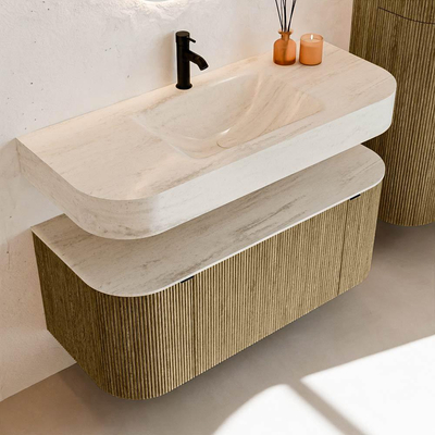 MONDIAZ THOR-DLUX 110cm badmeubel ronding links + rechts kleur Dusk met 1 lade en 2 deuren. Vrijhangende wastafel CLOUD Midden 1 kraangat kleur Meli.