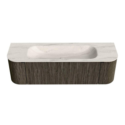MONDIAZ KURVE-DLUX Meuble de salle de bains 150cm arrondi à gauche + à droite couleur Shadow avec 1 tiroir et 2 portes. Lavabo BIG MEDIUM Centre 1 trou de robinet Meli.