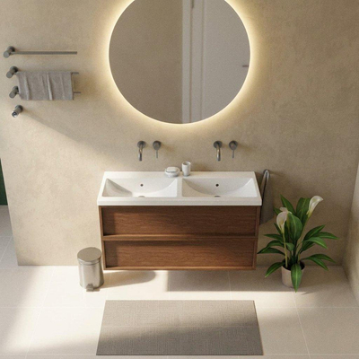 Saniclass Holz Frame Ensemble de meubles de salle de bains - 120x45x63.5cm - Lavabo Bari en céramique blanc - 2 vasques - sans trous de robinetterie - 2 tiroirs - walnut pure mat (bois)