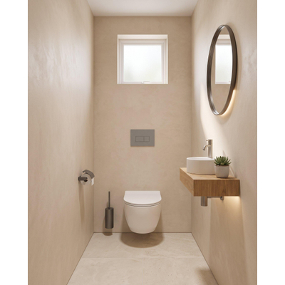 Pack WC QeramiQ Dely Swirl Compact - réservoir encastrable Geberit UP320 - avec bâti-support Burda - abattant slim - plaque de commande en plastique gris clair - boutons rectangulaires - blanc brillant