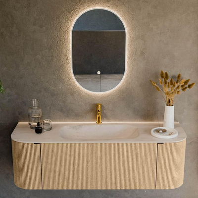 MONDIAZ KURVE-DLUX 140cm badmeubel ronding Links + Rechts kleur Oak met 1 lade en 2 deuren. Wastafel BIG SMALL Midden 1 kraangat Meli.
