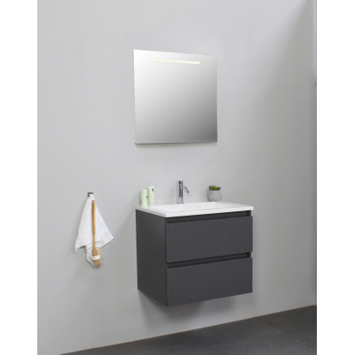 Basic Line Bella Badkamermeubelset - 60x55x46cm - 1 wasbak - Acryl - Wit - 1 kraangat - Wandspiegel met verlichting - Melamine Antraciet mat