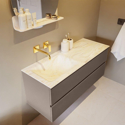 Mondiaz VICA-DLUX Ensemble de meuble de salle de bain - 120cm - meuble sous-vasque fumée - 2 tiroirs - lavabo encastré nuage gauche - sans trous de robinet - version haute 60cm - ostra