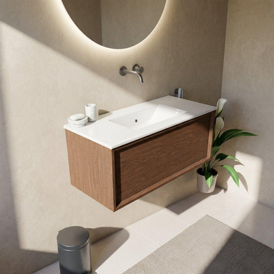 Saniclass Holz Frame Ensemble de meuble de salle de bains - 100x45x42cm - Vygo lavabo en céramique blanc - 1 vasque - sans trou de robinet - 1 tiroir - walnut pure mat (bois)
