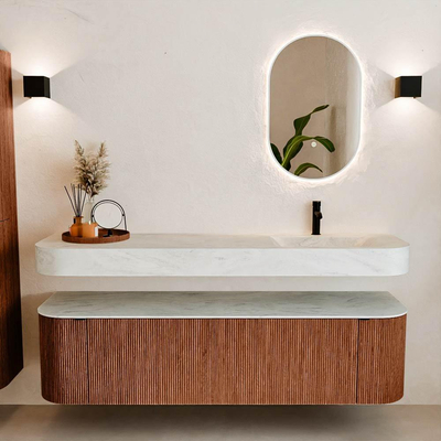 MONDIAZ THOR-DLUX 170cm meuble de salle de bains arrondi gauche + droite couleur Ruby avec 1 tiroir et 2 portes. Vasque suspendue CLOUD Droite 1 trou de robinet couleur Opalo.