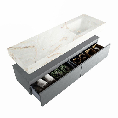 Mondiaz ALAN-DLUX Ensemble de meuble - 150cm - meuble Plata mat - 2 tiroirs - Lavabo Cloud Frappe suspendu - vasque Droite - 1 trou de robinet