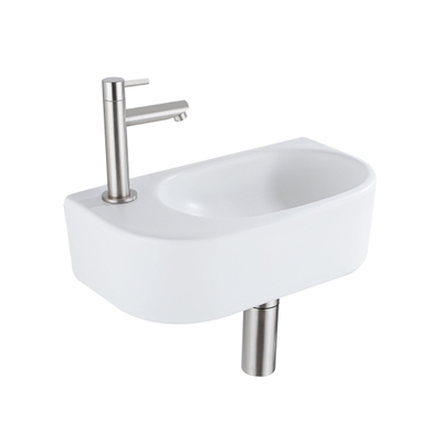 Fugaflow Efficiente Pietra Ensemble lave-mains - 40x21.5x12 cm - gauche - lisse - demi-rond - 1 trou de robinet - céramique - robinet de lave-mains en inox brossé - bonde de vidage - siphon extra-plat - blanc mat