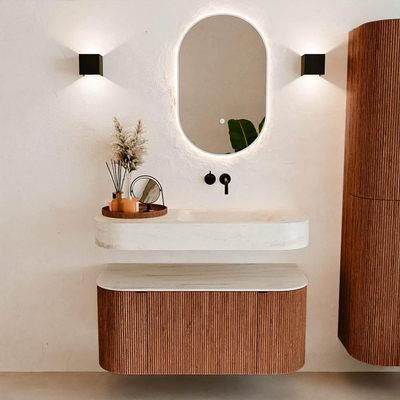 MONDIAZ THOR-DLUX 100cm meuble de salle de bains arrondi gauche + droite couleur Ruby avec 1 tiroir et 2 portes. Vasque suspendue CLOUD Droite sans trou de robinet couleur Meli.