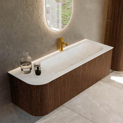 MONDIAZ KURVE-DLUX 135cm badmeubel met module 25 L kleur Walnut met 1 lade en 1 deur. Wastafel BIG MEDIUM rechts 1 kraangat kleur Opalo.