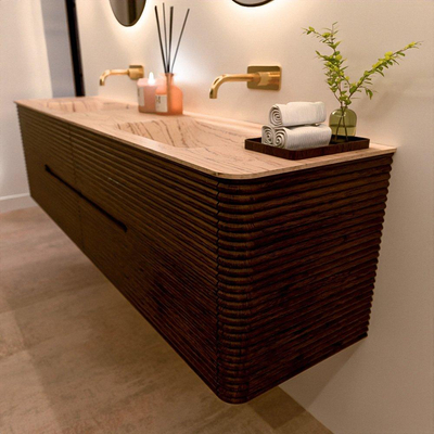 Mondiaz CIRO-DLUX Badkamermeubelset - 190x45x50cm - Solid surface wastafel Arena - 2 wasbak Dubbel - zonder kraangaten - 4 lades - Walnut