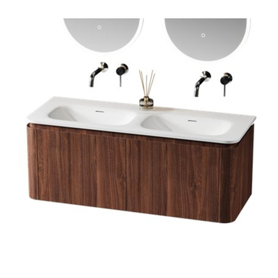 Saniclass Terra Meuble de salle de bains avec vasque - 141x46x1.2cm - coins arrondis - 2 vasques - sans trou de robinet - solid surface - blanc mat