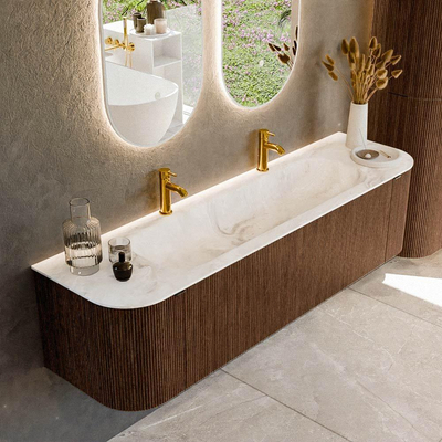 MONDIAZ KURVE-DLUX 170cm badmeubel met module 25 Len R kleur Walnut met 1 lade en 2 deuren. Wastafel BIG LARGE midden 2 kraangaten kleur Frappe.