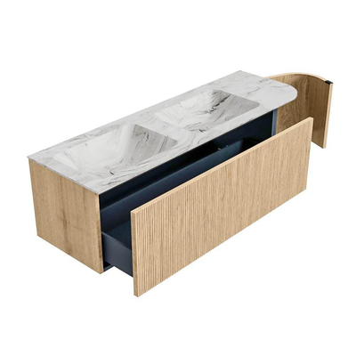 MONDIAZ KURVE-DLUX 145cm badmeubel met module 25 R kleur Oak met 1 lade en 1 deur. Wastafel LEAF dubbel / links zonder kraangat kleur Glace.