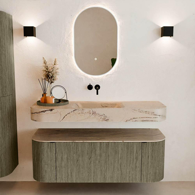 MONDIAZ THOR-DLUX 130cm meuble de salle de bains arrondi gauche + droite couleur Shadow avec 1 tiroir et 2 portes. Vasque suspendue CLOUD Milieu sans trou de robinet couleur Arena.