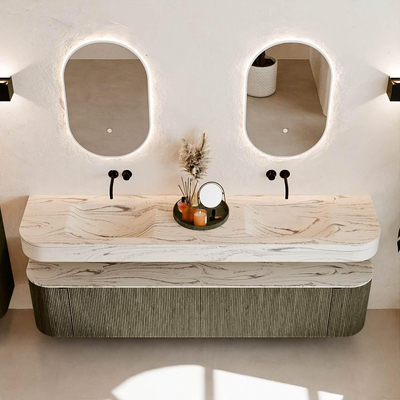 MONDIAZ THOR-DLUX 200cm meuble de salle de bains arrondi gauche + droite couleur Shadow avec 2 tiroirs et 2 portes. Vasque suspendue CLOUD Double sans trou de robinet couleur Nata.