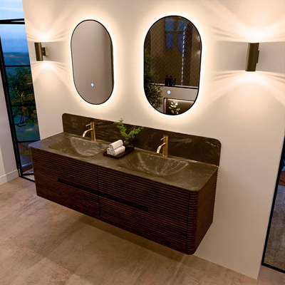 Mondiaz CIRO-DLUX Ensemble de meubles de salle de bains - 160x45x50cm - Lavabo solid surface Lava - 2 vasques Double - 2 trous de robinetterie - 4 tiroirs - Noyer