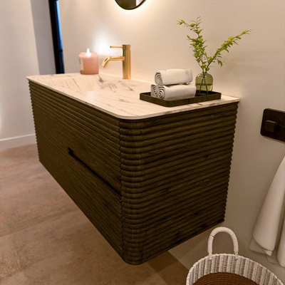 Mondiaz CIRO-DLUX Meuble de salle de bains - 110x45x50cm - Plan vasque en solid surface Nata - 1 lavabo à gauche - 1 trou de robinetterie - 2 tiroirs - Shadow