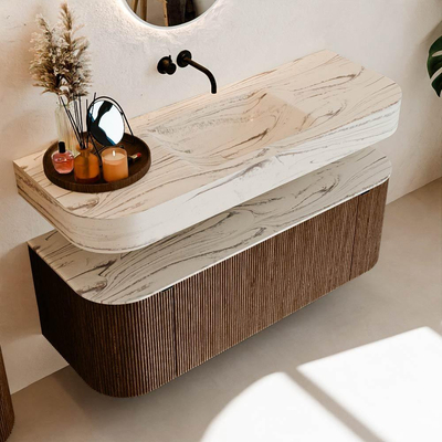 MONDIAZ THOR-DLUX Meuble de salle de bains 130cm arrondi gauche + droite couleur Walnut avec 1 tiroir et 2 portes. Vasque suspendue CLOUD Milieu sans trou de robinet couleur Nata.