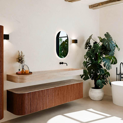 MONDIAZ THOR-DLUX 190cm meuble de salle de bains arrondi gauche + droite couleur Ruby avec 2 tiroirs et 2 portes. Vasque suspendue CLOUD Droite sans trou de robinet couleur Saba.