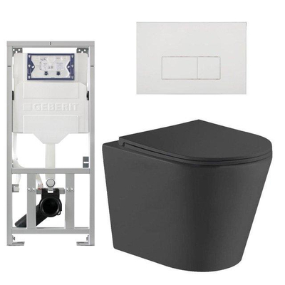 QeramiQ Dely Toiletset - 36.3x51.7cm - diepspoel - rimless - Geberit UP320 inbouwreservoir - met Burda frame - softclose toiletzitting - glans witte bedieningsplaat - rechtehoekige knoppen - mat zwart